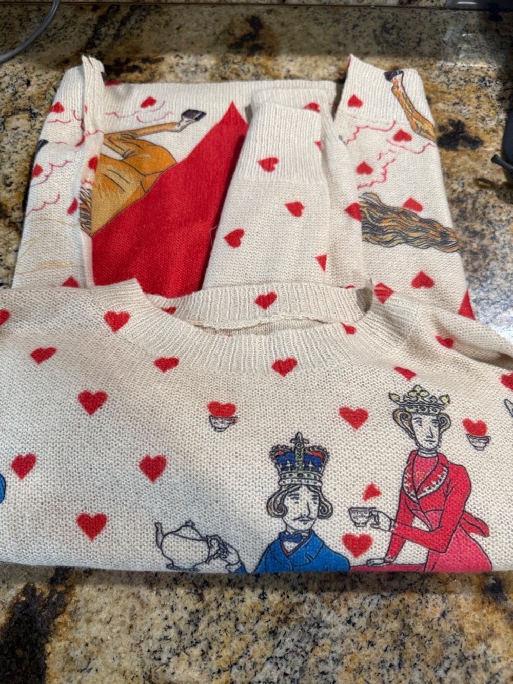 Art to Wear Whimsical Cream Sweater w/Red ❤️& ☕️ fun- Soft Unknown Brand - Picture 9 of 11